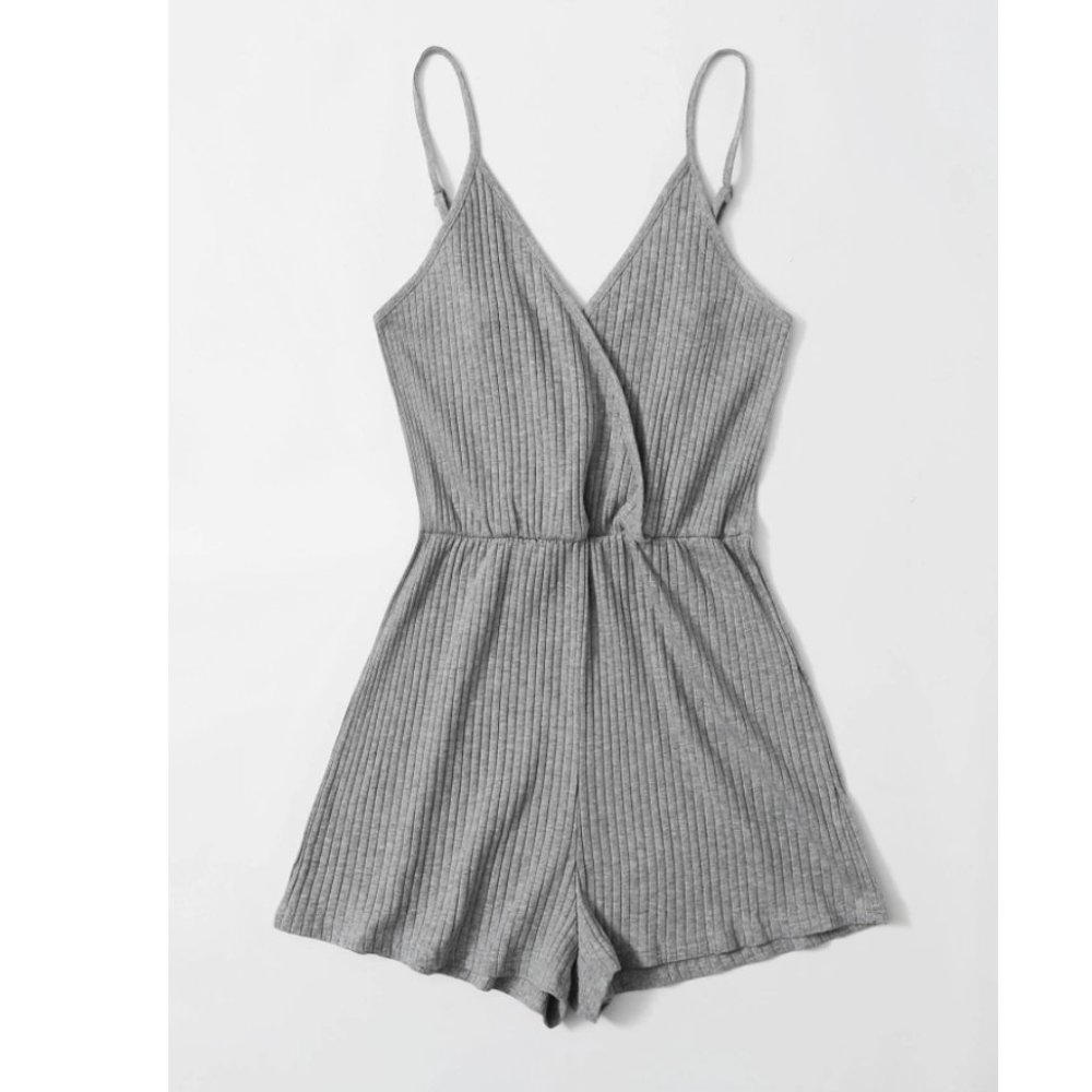 SHEIN Surplice Neck Rib-knit Cami Romper Grey - Picture 3 of 5